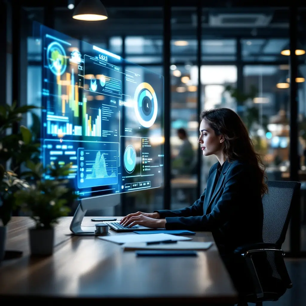 Professional working with an advanced analytics dashboard in a contemporary office