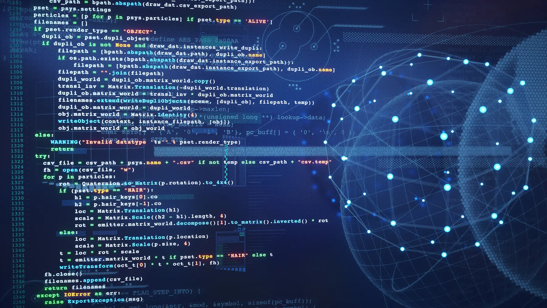 Code and a connected digital globe representing AI-enabled organizational transformation
