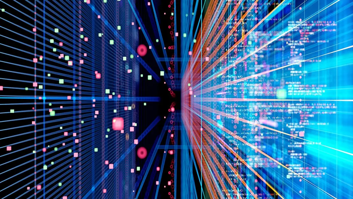 Streams of data and code representing connected AI and advanced analytics systems