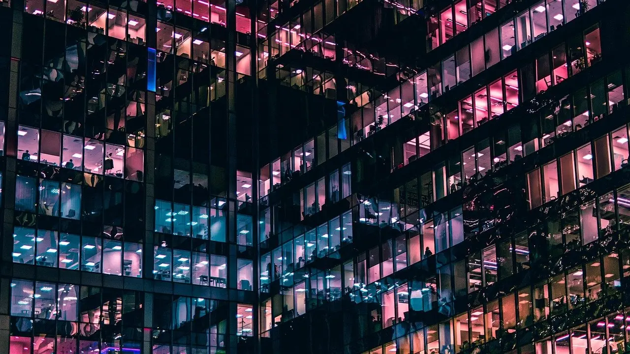 Illuminated contemporary office building at night